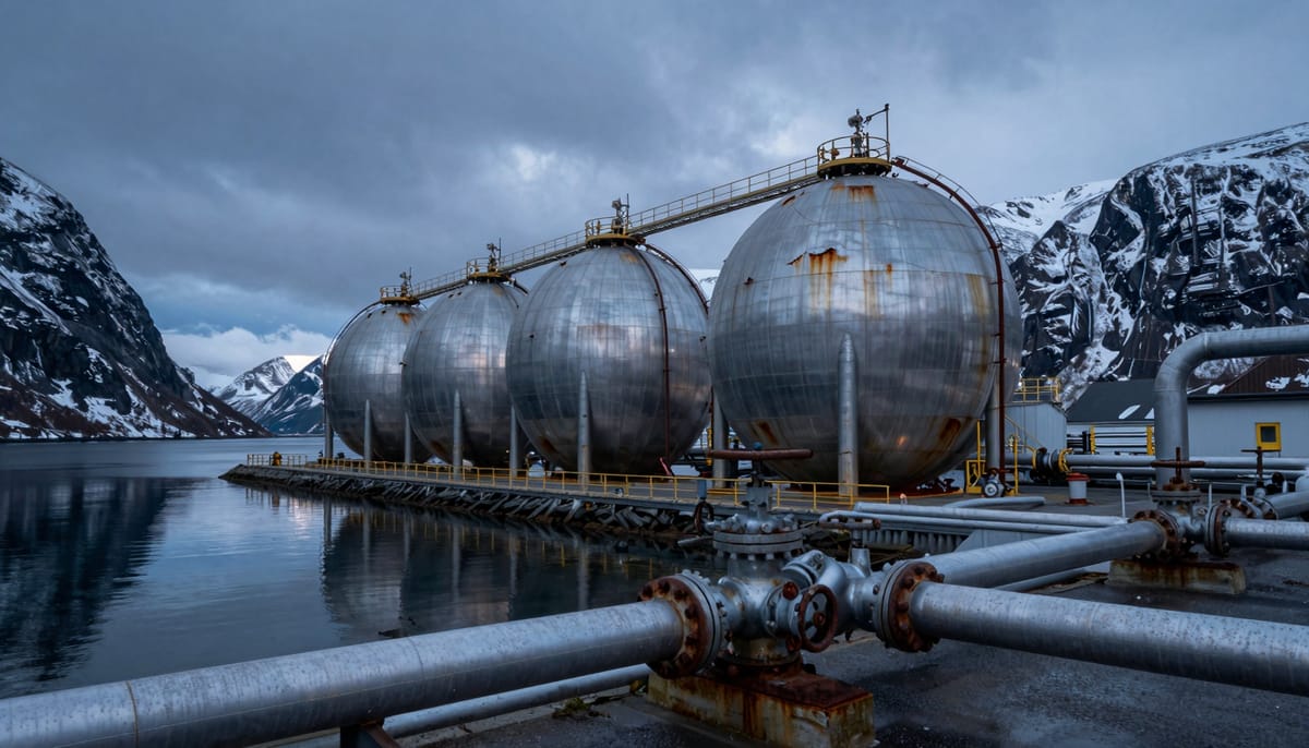 A desolate, futuristic industrial landscape in Norway. Abandoned hydrogen storage tanks and pipes that look expensive but unused, gathering rust and snow. The atmosphere is cold, moody, and silent, symbolizing wasted investment. No people, just the expensive infrastructure left behind.