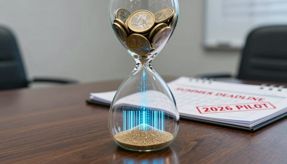 Close-up conceptual shot of an hourglass on a polished mahogany desk inside a sterile government office. Inside the hourglass, instead of sand, golden Euro coins are turning into digital dust as they fall to the bottom, forming a barcode pattern. Next to it, a calendar marked 'SUMMER Deadline' and '2026 PILOT' in strict, red stamp typography. Shallow depth of field, focusing on the inevitable flow of time and the transformation of money.