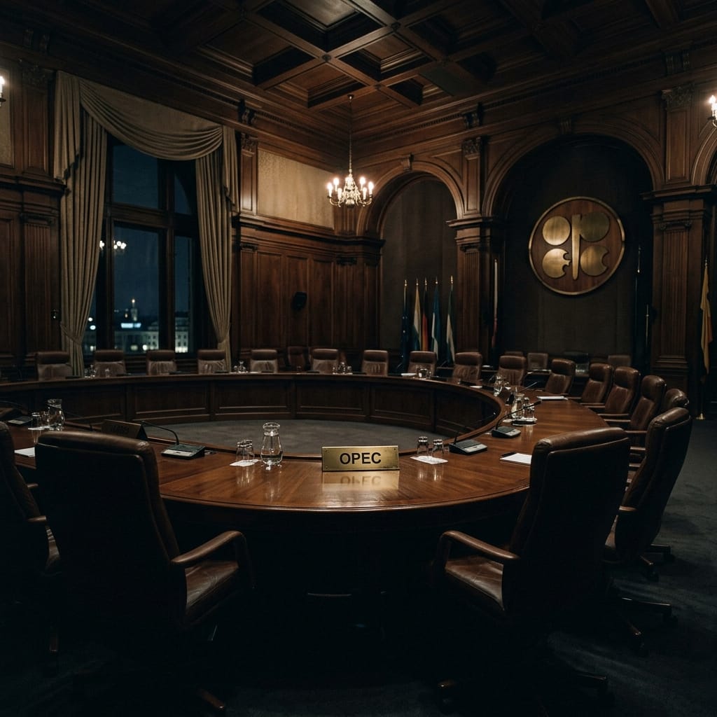 An empty, grand boardroom with a large circular table. Leather chairs are pushed back. A small plaque with 'OPEC' is visible on the table. D