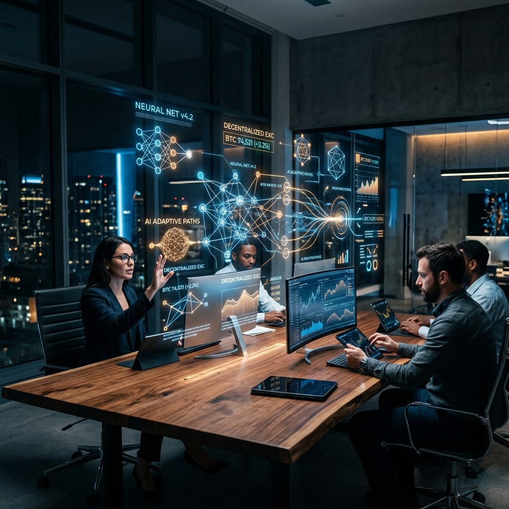 En person som ser på komplekse datavisualiseringer av finansmarkeder på en skjerm.