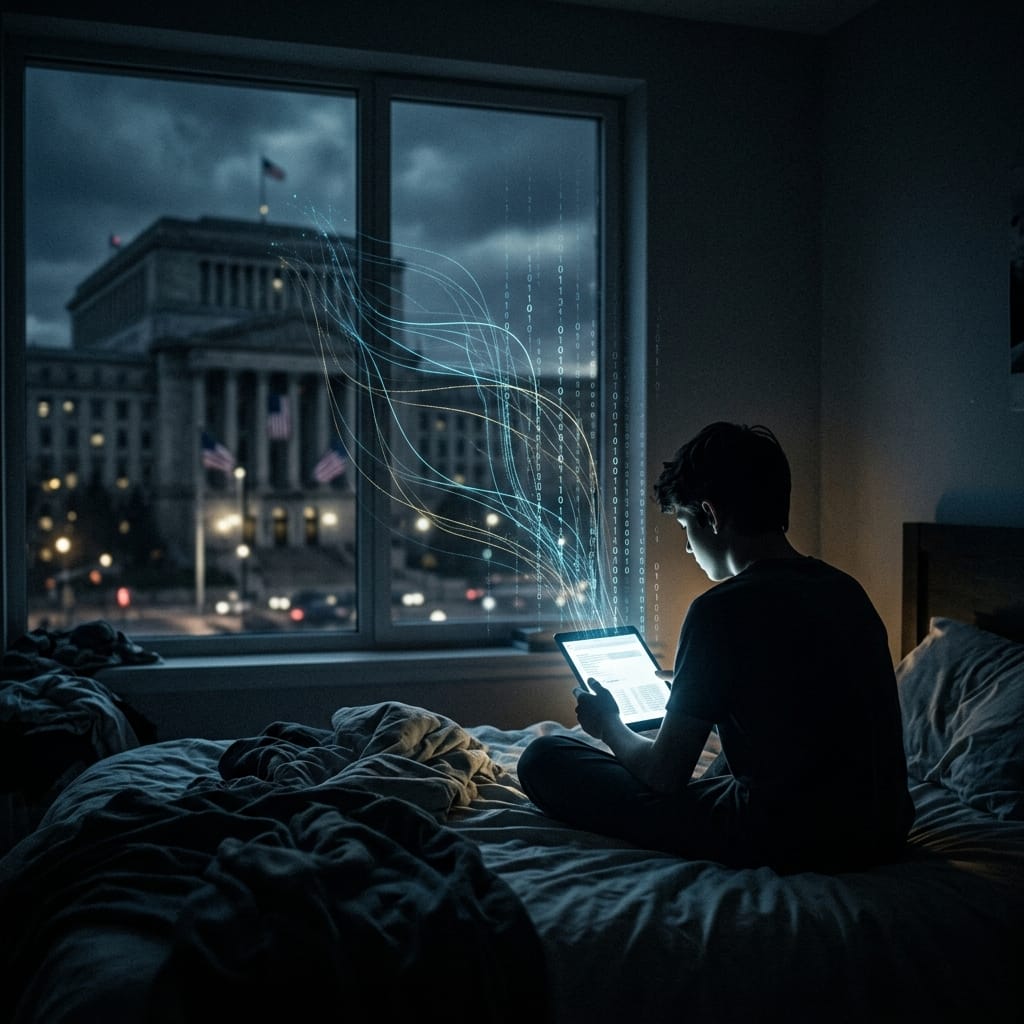 Et mørkt rom med lysende skjermer som viser nettverksforbindelser og personopplysninger.