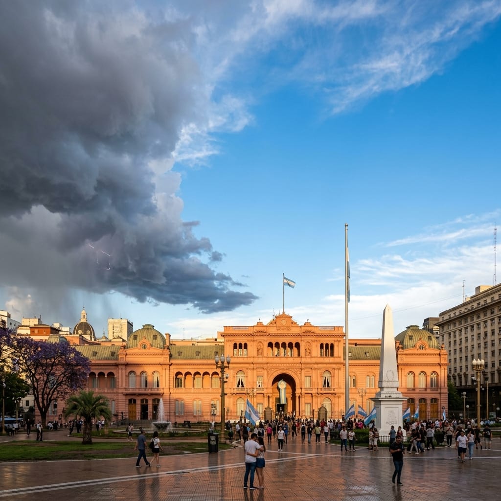 Moderne kontorbygninger i Buenos Aires under en blå himmel.