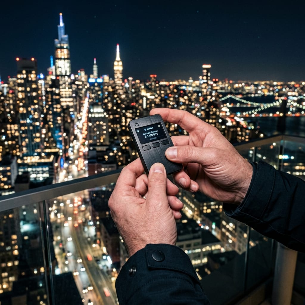 Nærbilde av en smarttelefon som viser en kryptert lommebok og AI-grensesnitt.