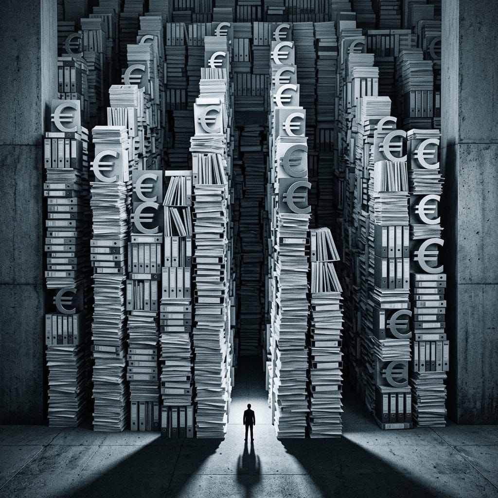 En person som ser ut over en moderne europeisk by med kraner og industri.