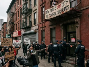 Mamdani-NYC demonstrasjon for husleieregulering og kommunal eiendomsovertakelse