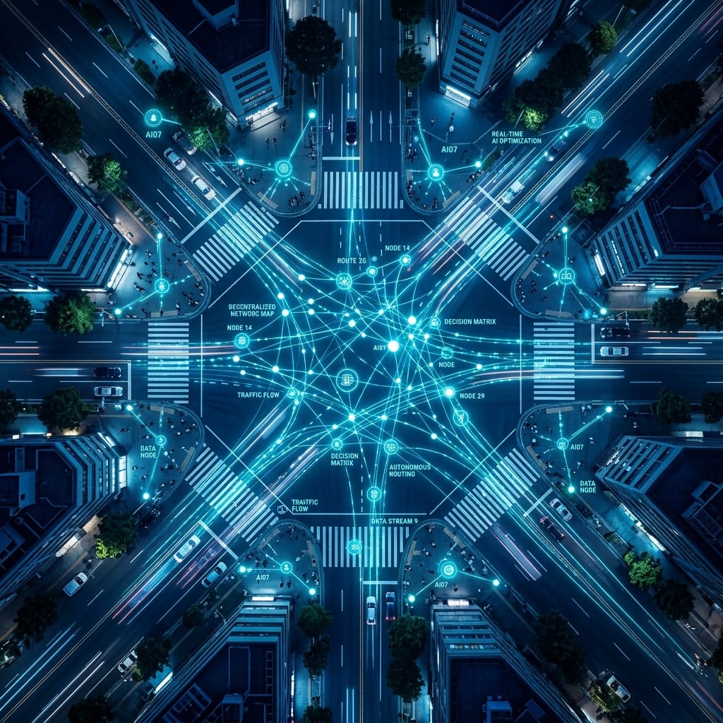 Nærbilde av en Tesla-skjerm som viser bilens visualisering av trafikk og omgivelser.