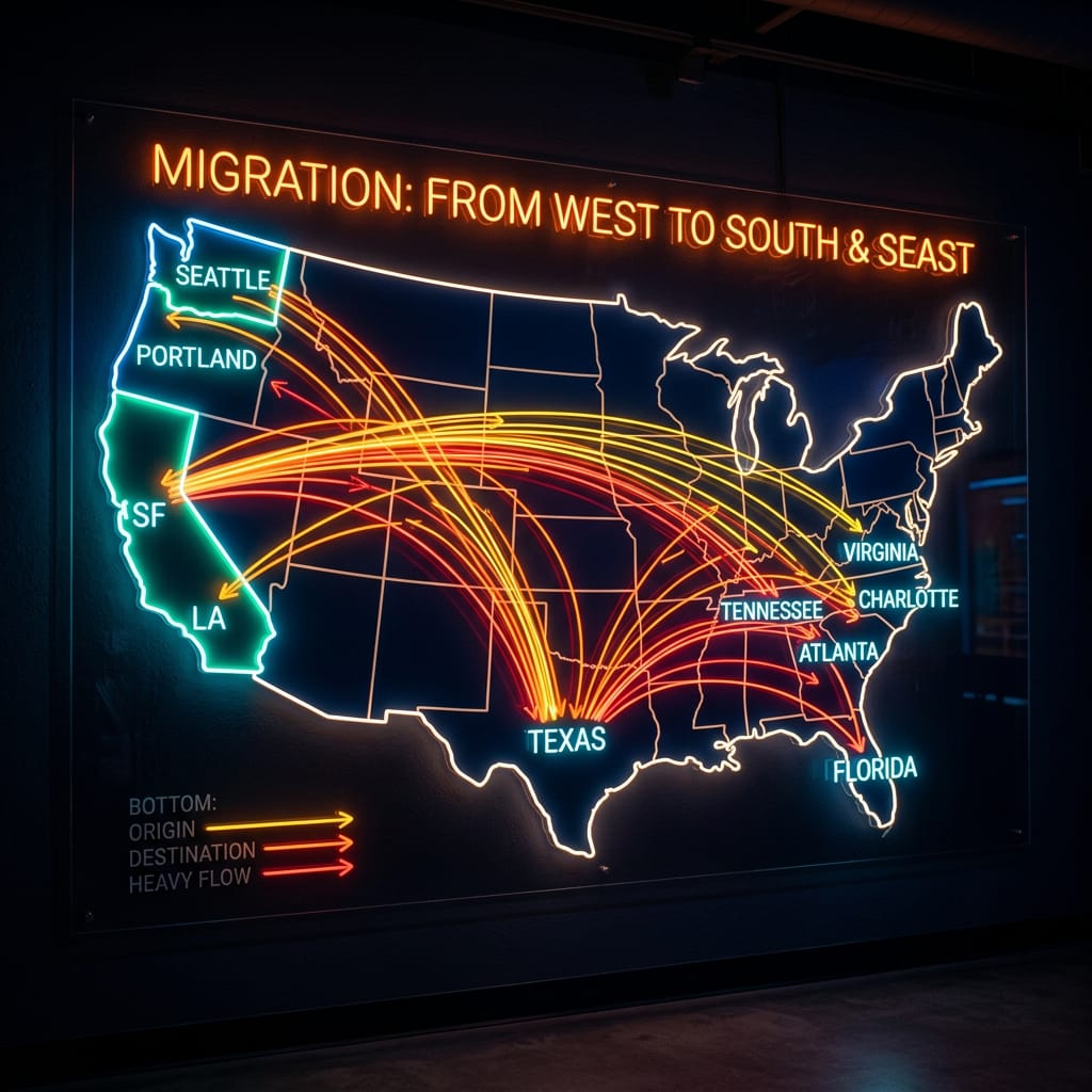 A conceptual map of the United States glowing in a dark room, with bright neon lines indicating heavy migration patterns moving away from th