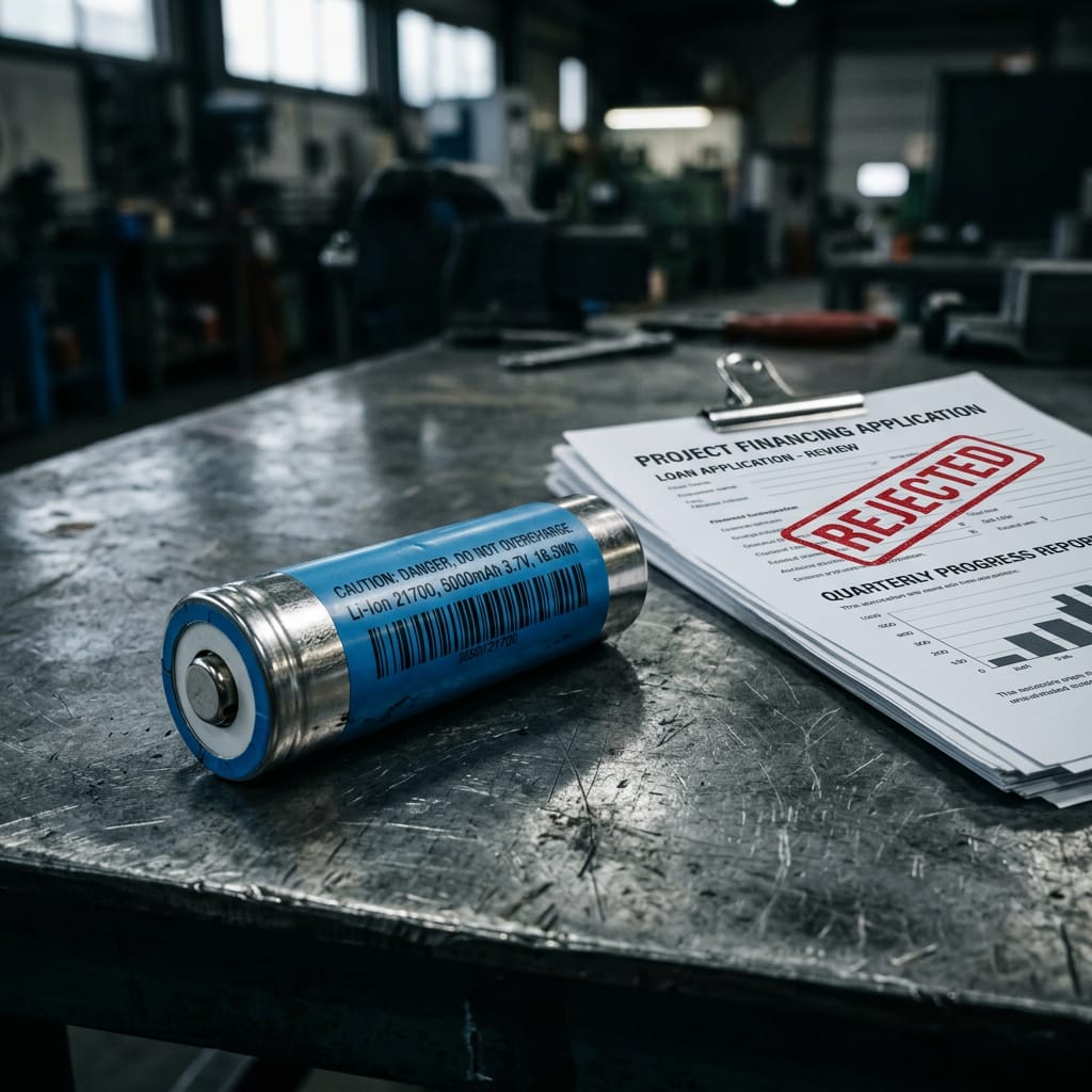 Nærbilde av litium-ion battericeller på et samlebånd i en fabrikk.