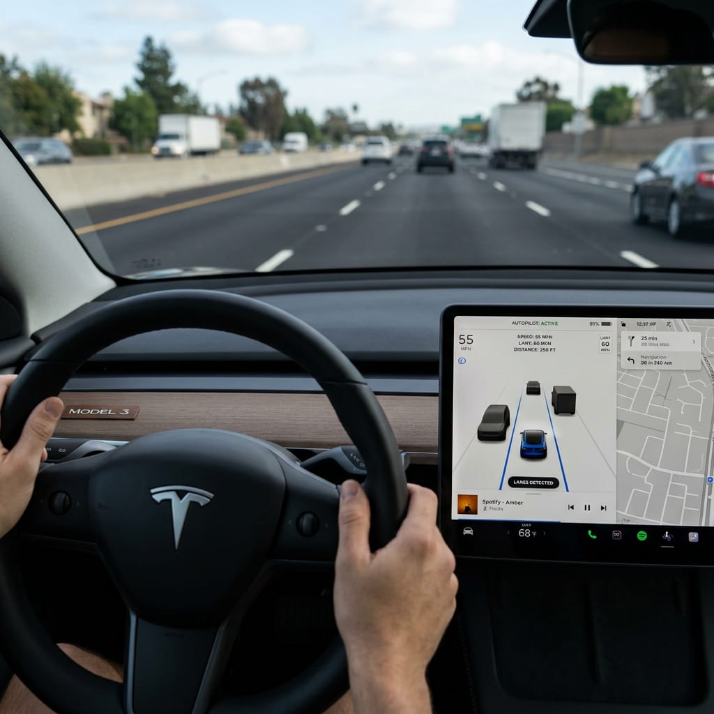 En Tesla-bil parkert ved en ladestasjon i et nordisk vinterlandskap.