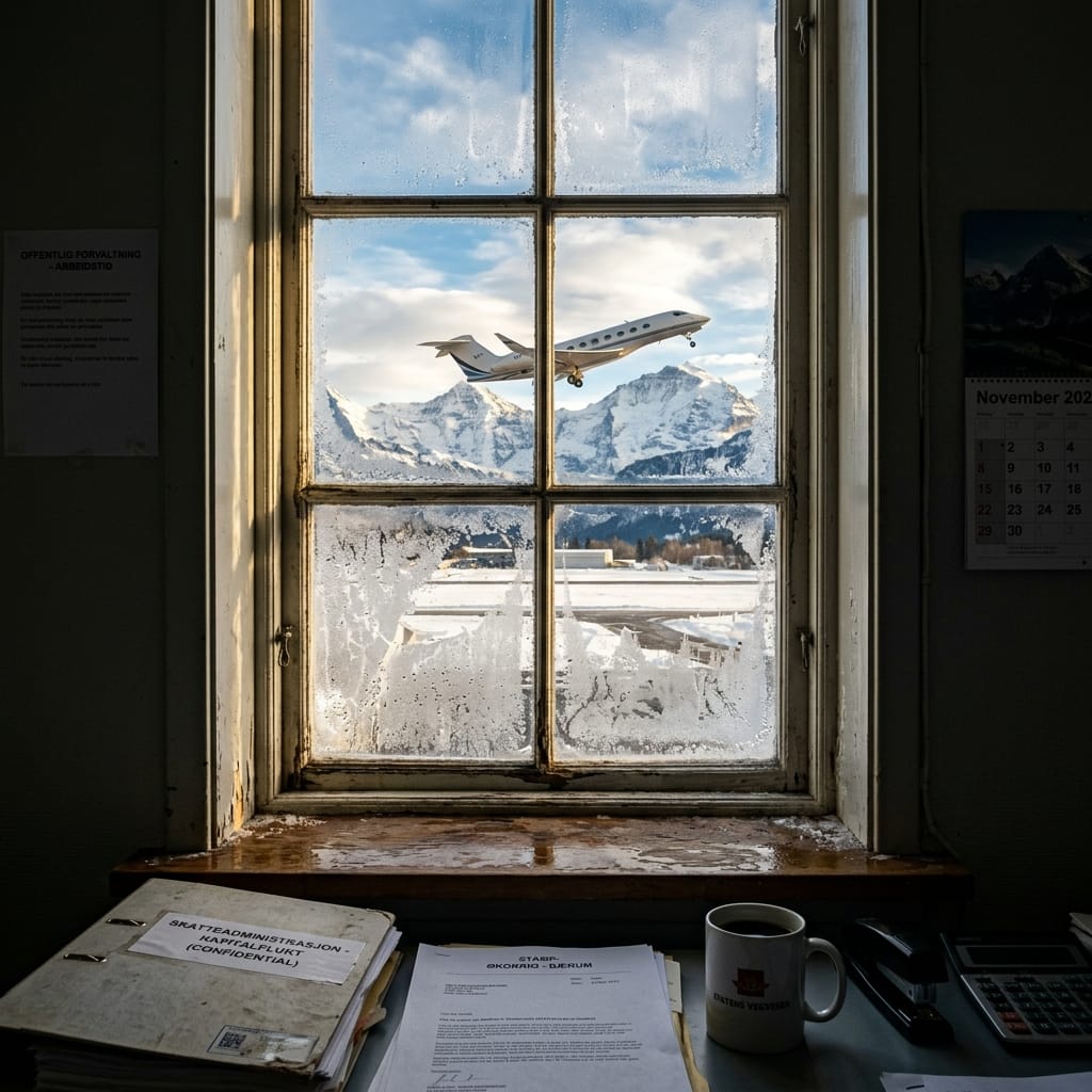 En person som ser ut over en norsk fjord med kofferter ved siden av seg.