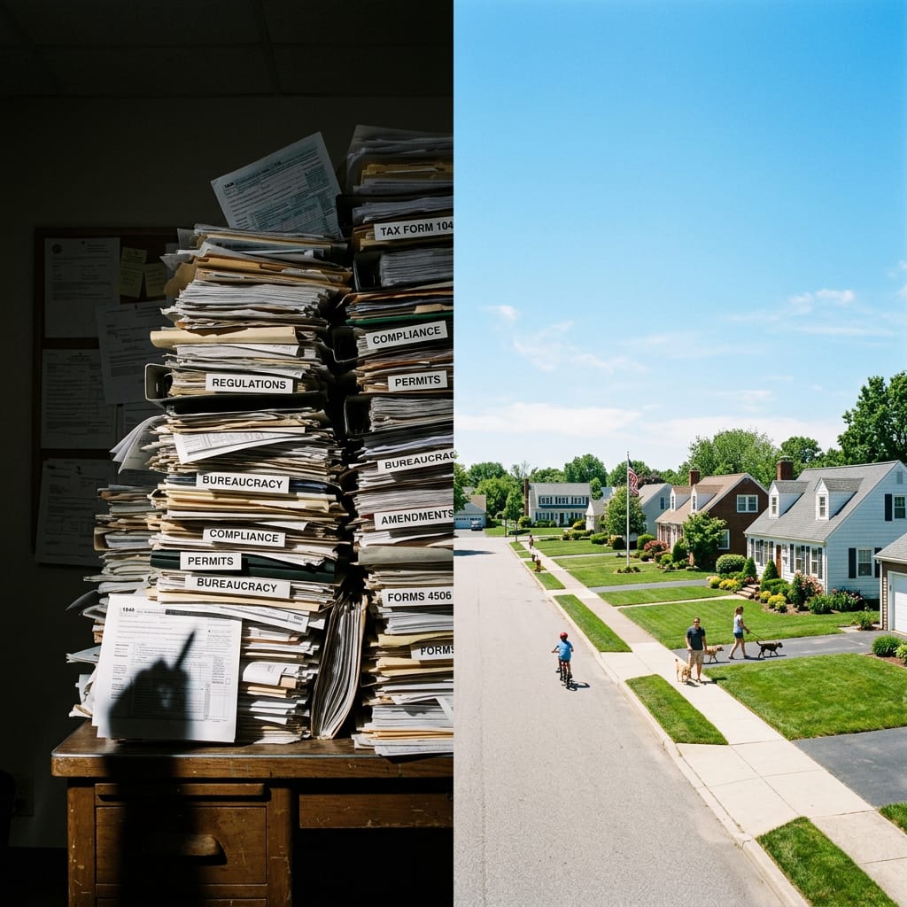 A split visual composition: On the left, a towering stack of complex bureaucratic paperwork and tax forms in shadows; on the right, a bright