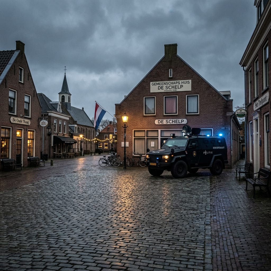 En gruppe mennesker i protest med plakater i en nederlandsk gate.