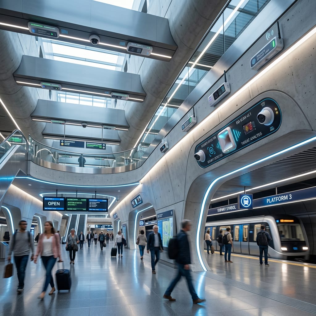 En moderne bygate med subtile teknologiske sensorer integrert i arkitekturen.