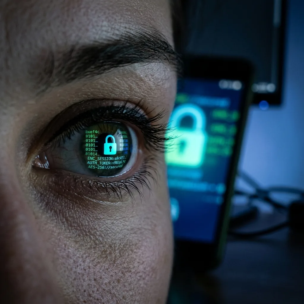 Nærbilde av en person som holder en smarttelefon med krypteringsikoner på skjermen.
