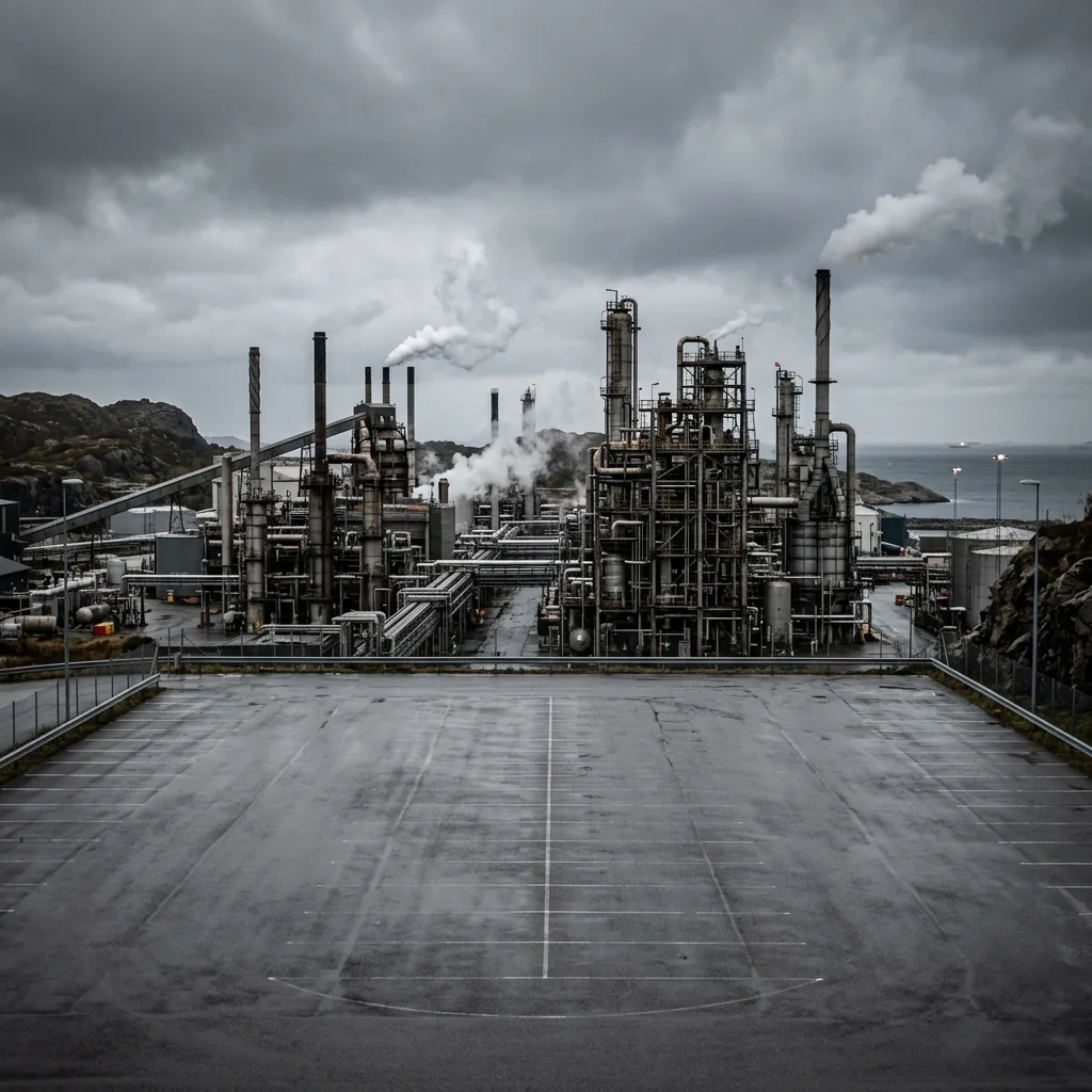 Et industriområde med rørledninger og fabrikkbygninger under en overskyet himmel.