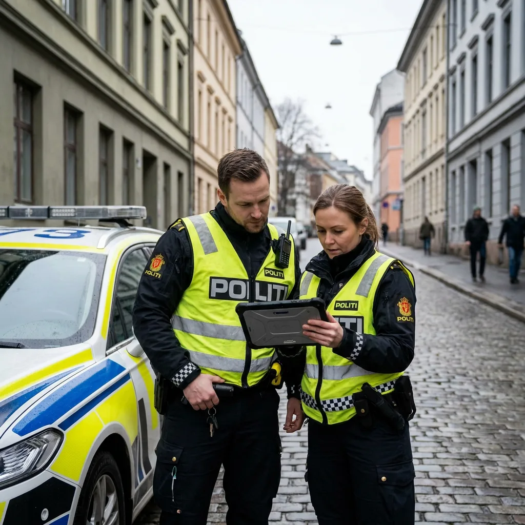 Editorial news photograph, two police officers in high-visibility vests standing next to a parked patrol car on a quiet urban street, viewin