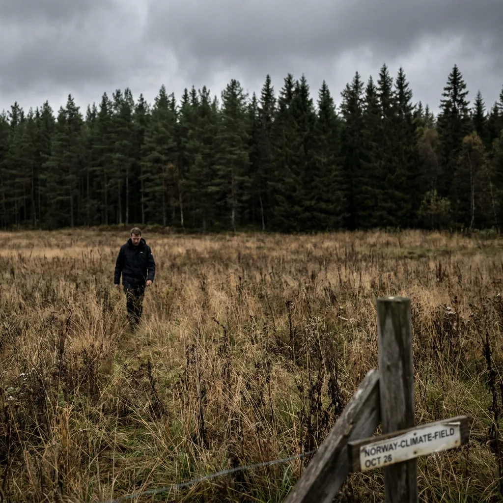 Utsikt over jorder og skog i en norsk dal under en overskyet himmel.