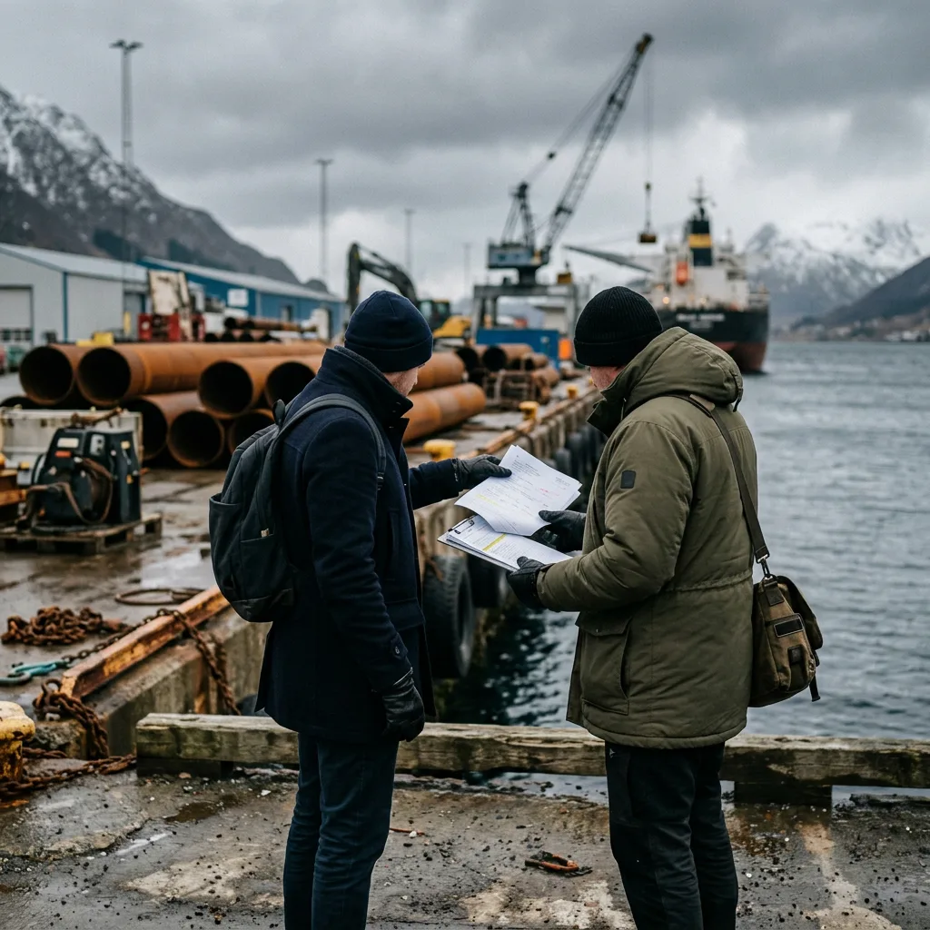 Et forsyningsskip som seiler gjennom rolig, kaldt vann i nærheten av en offshore-installasjon.