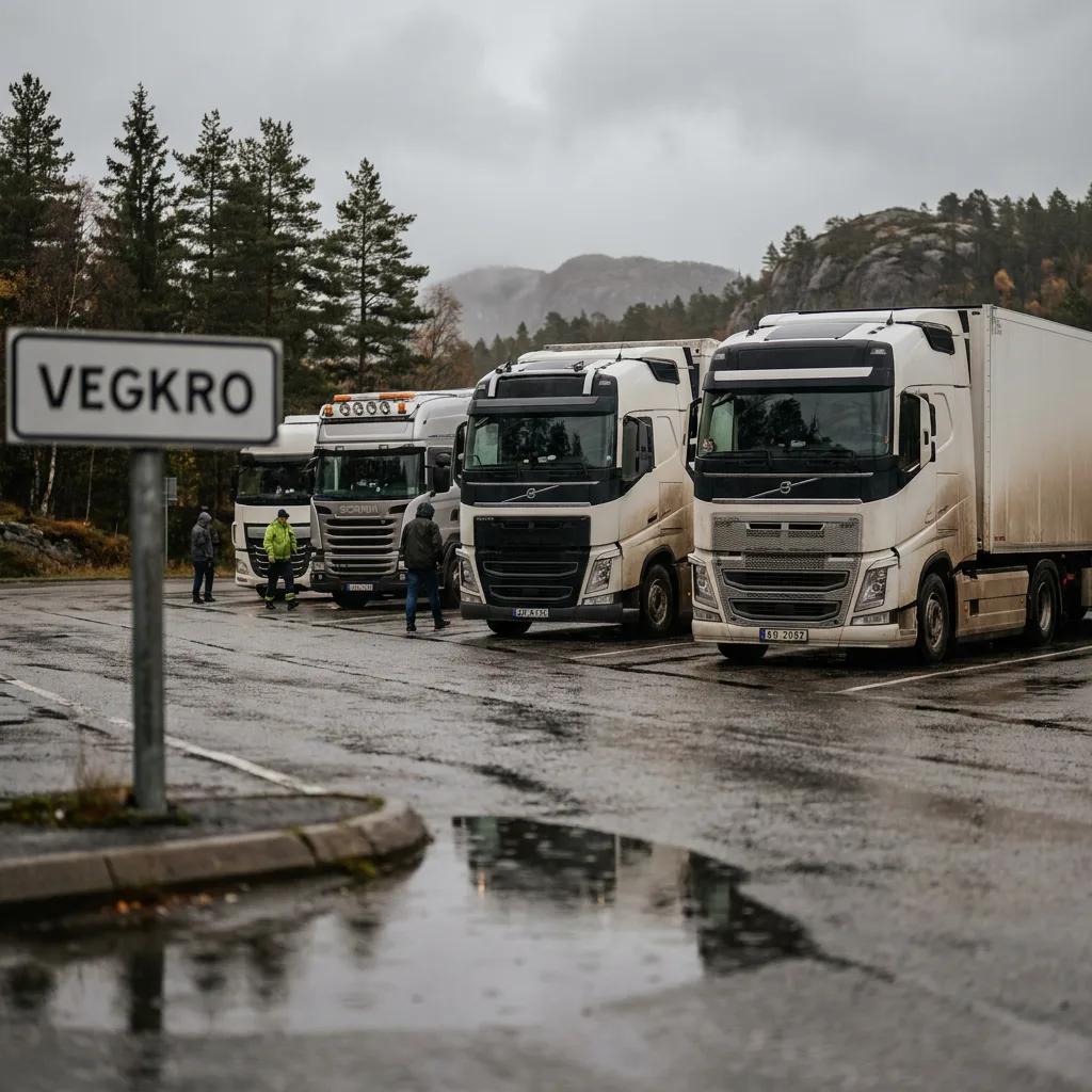 Lastebiler som kjører på en norsk europavei gjennom et dalføre.