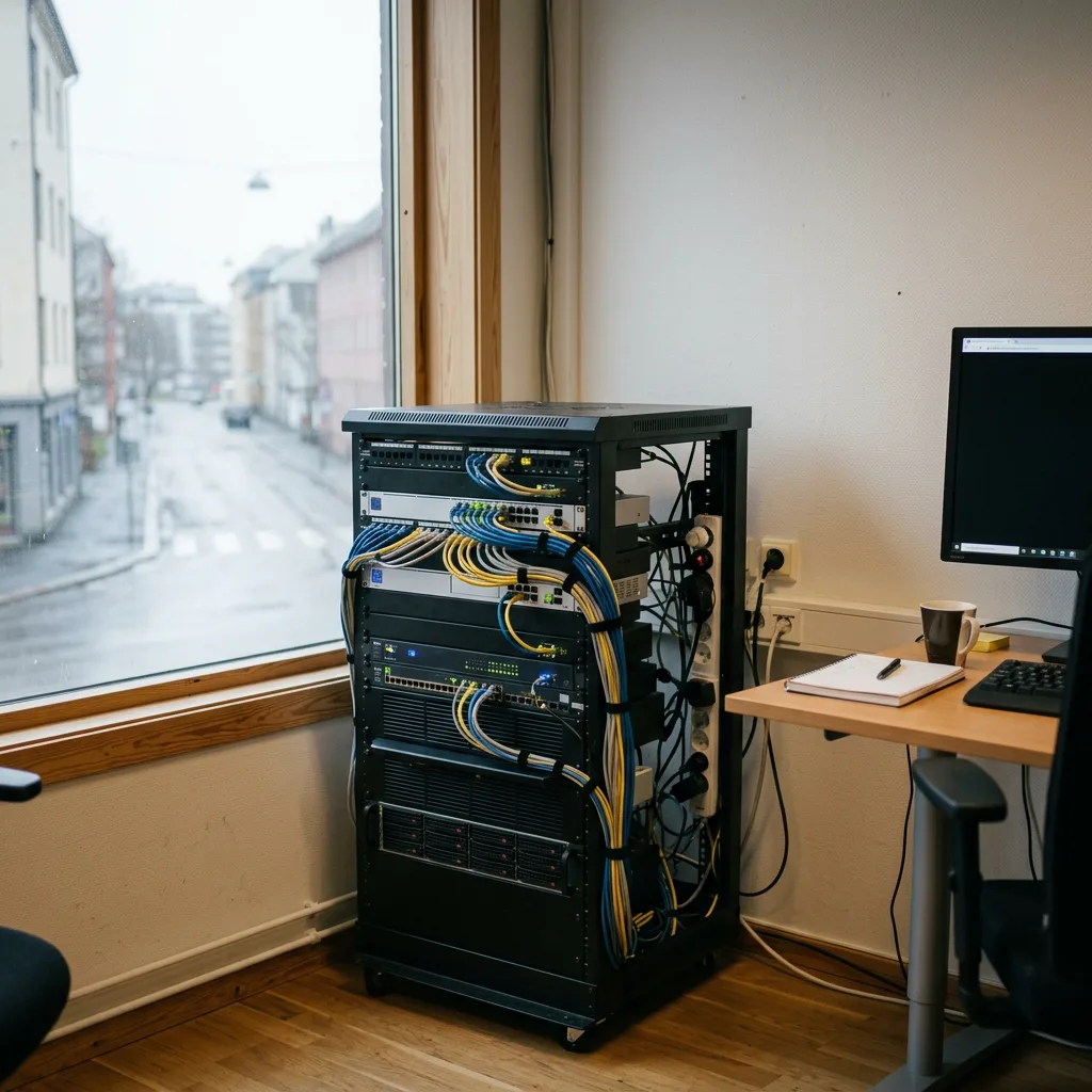 En stasjonær datamaskin sett bakfra med mange kabler tilkoblet, plassert på et kontorpult.