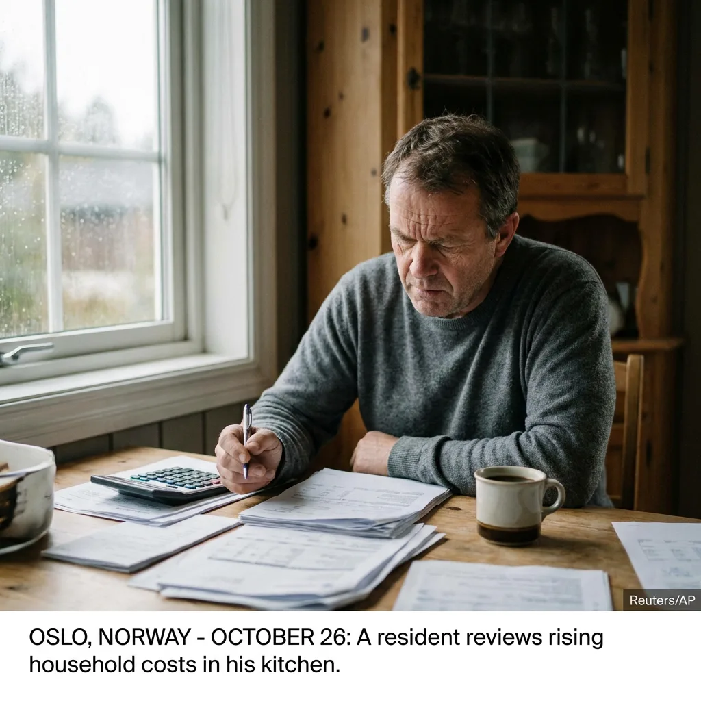 Editorial news photograph, a middle-aged man sitting at a kitchen table looking at printed financial documents and a calculator, a half-empt