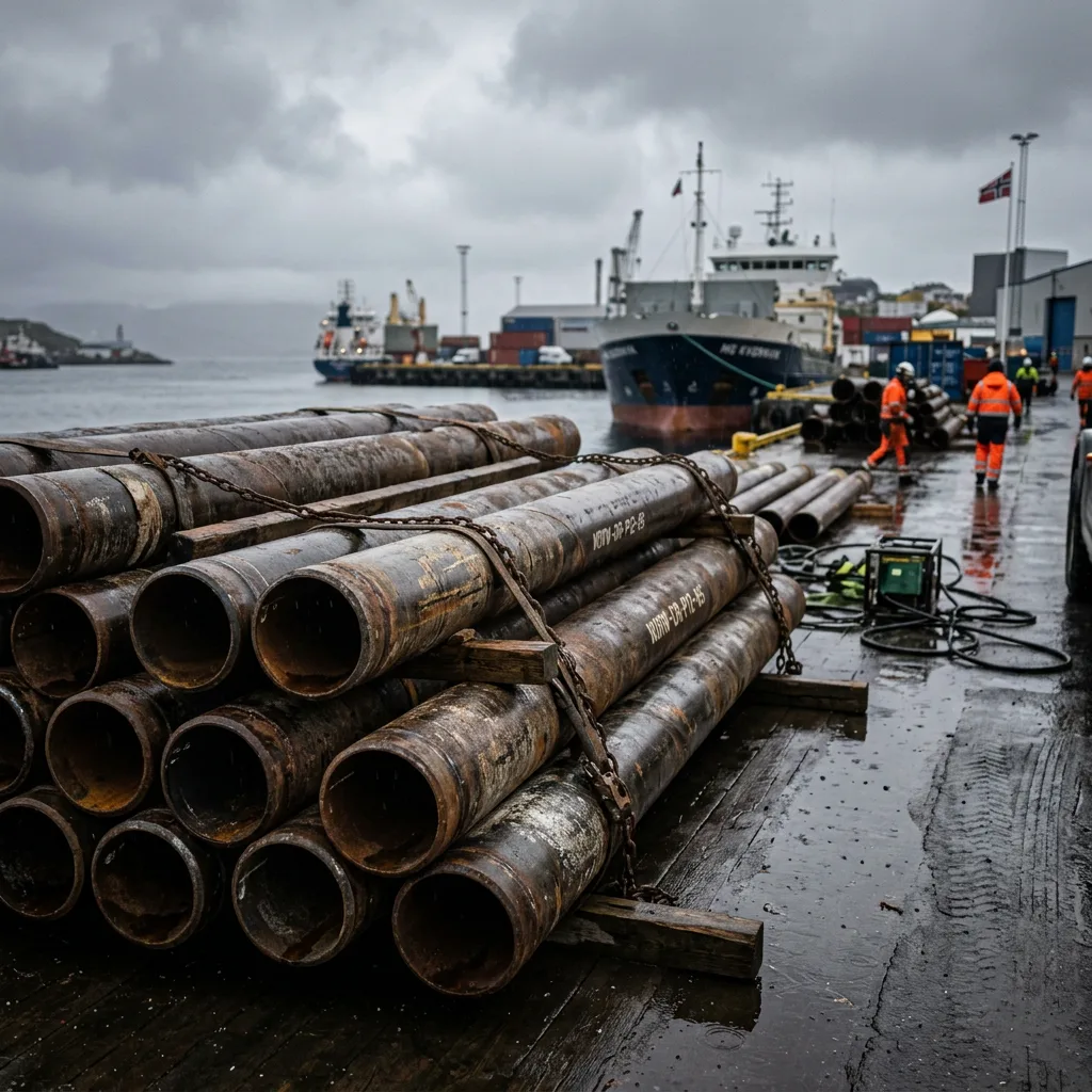 Et prosessanlegg for gass på land med rør og industribygninger i gråvær.