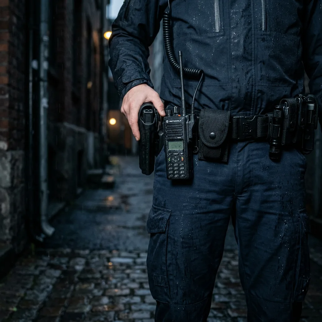 Polititjenesteperson i uniform sett bakfra stående ved en sperring.