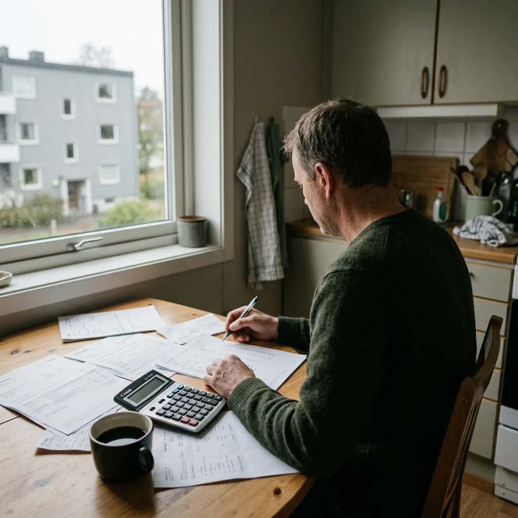 Editorial news photograph, a middle-aged man sitting at a kitchen table reviewing financial documents, a calculator and a cup of black coffe
