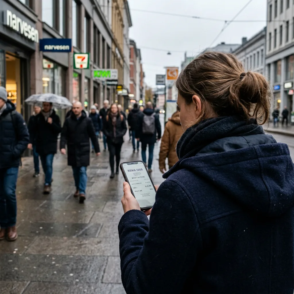 Editorial news photograph, close up over the shoulder shot of a person looking at an electronic receipt on a mobile phone screen on a busy o