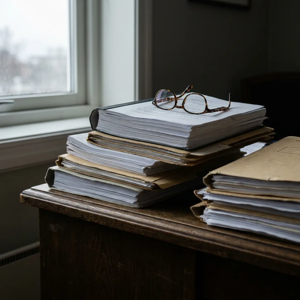Editorial news photograph, close-up of thick legal documents and manila file folders stacked on a dark wooden desk, a pair of reading glasse