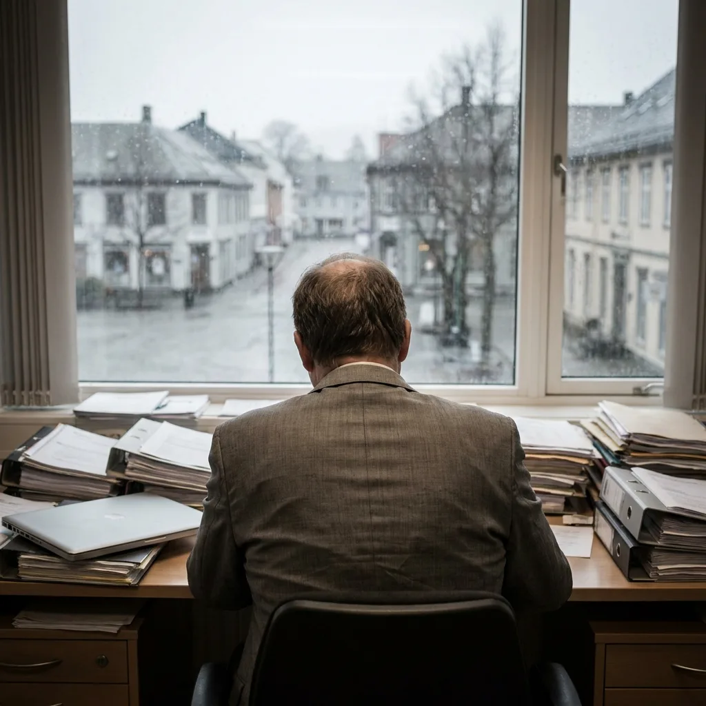 En lærer som retter oppgaver med en rød penn ved et skrivebord dekket av papirer.