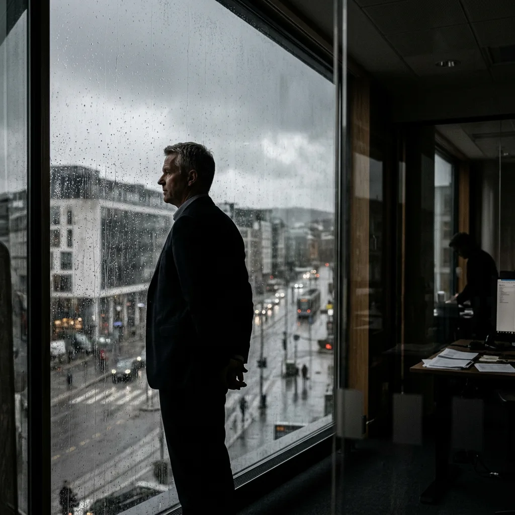 Norsk kystlandskap med en oljeplattform i det fjerne under en overskyet himmel.