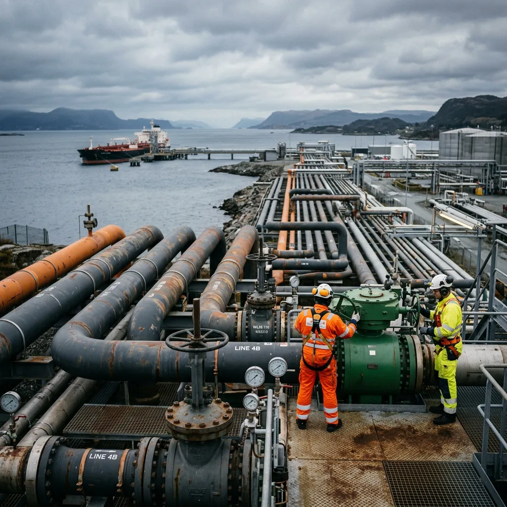 Et stort LNG-skip som ligger til kai ved en industriterminal med rørledninger og kraner i bakgrunnen.