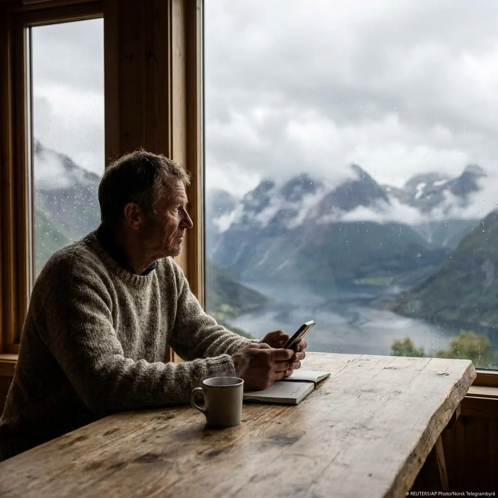 Editorial news photograph, a man sitting at a wooden cabin table holding a smartphone, looking out a window towards a rugged mountainous lan