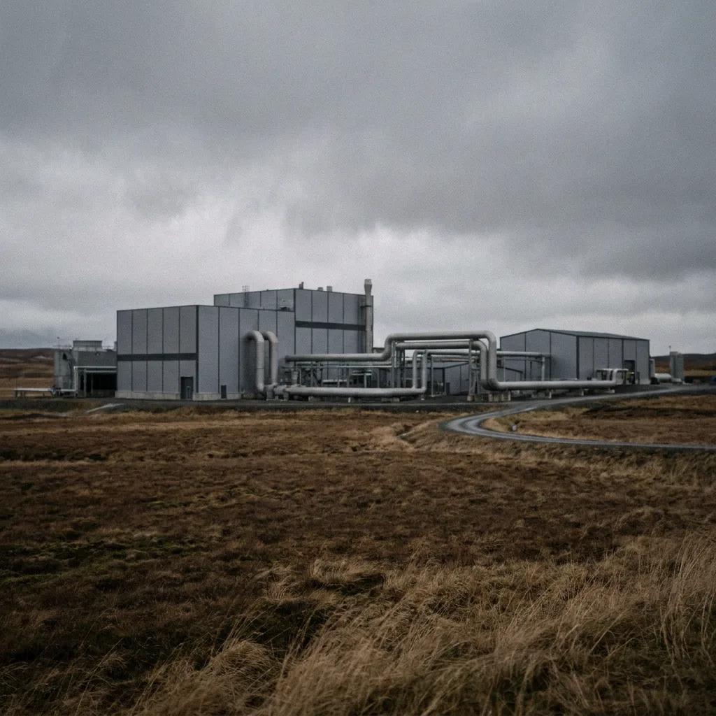 En moderne industriell bygning i et norsk landskap under en grå himmel, fotografert i dokumentarstil.