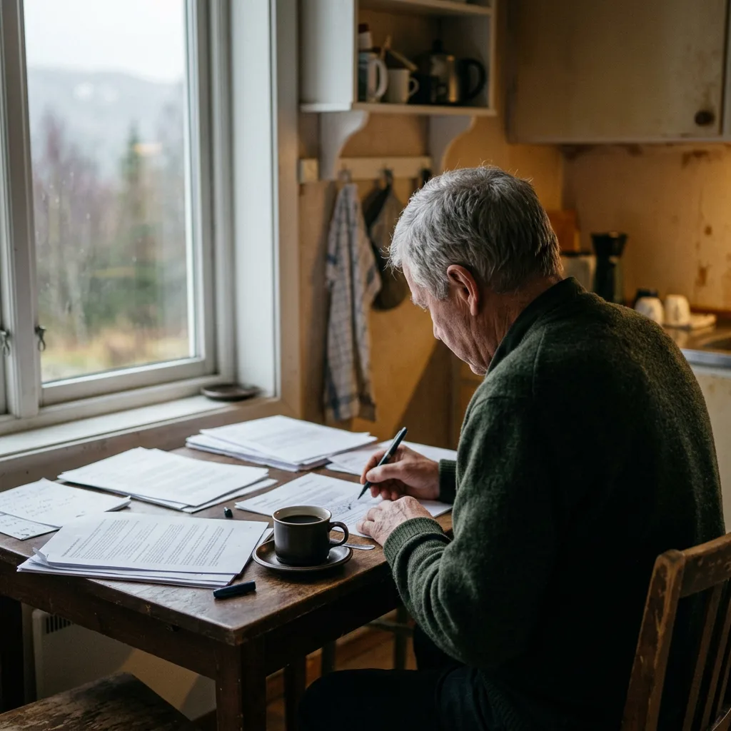 En person som ser ut over en travel gate i en kanadisk by fra et kontorvindu, sett bakfra.