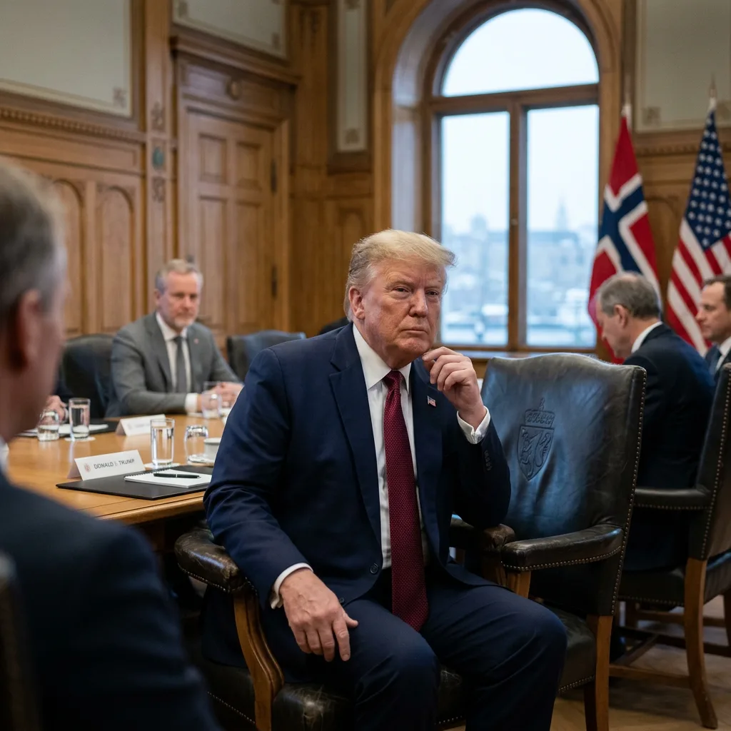 En gruppe diplomater som diskuterer i en formell sal, sett på avstand.