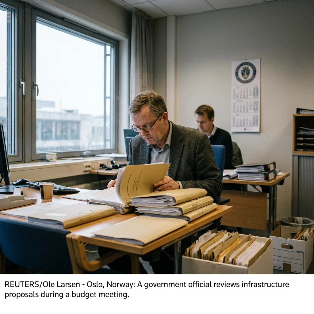 Editorial news photograph, a bureaucrat in a suit reviewing thick document folders at a desk in a generic office, overcast daylight through 